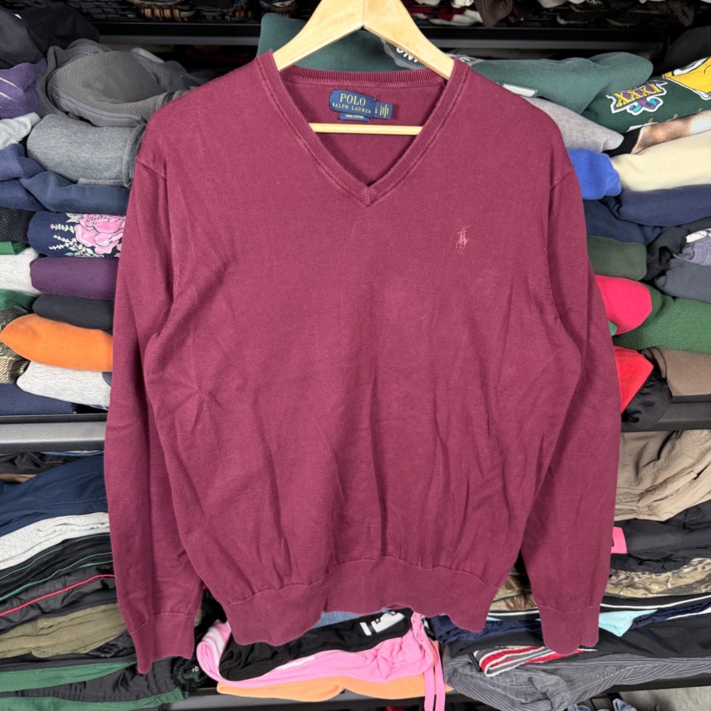 Polo Ralph Lauren Mens Burgundy V Neck Pima Cotton Sweater‎ Size L